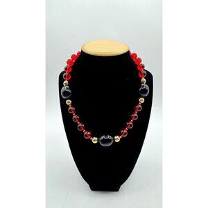 VTG Chunky Lucite Beaded Statement Necklace With Red & Black Beads & Gold-Tone S